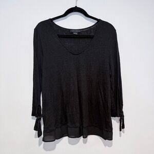 SANCTUARY Black V-Neck Linen Blend Long Sleeve‎ Tunic Top Tie Cuff Layered Hem L